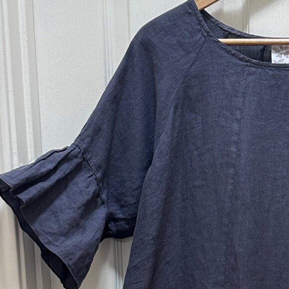 Match Point Women's 100% Linen Oversized Tunic Top Size M Gray Ruffle Accents - Picture 3 of 12
